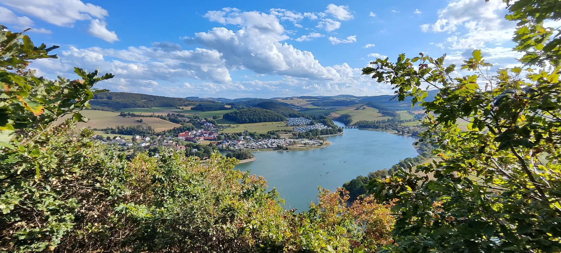 Blick über den Diemelsee auf Heringhausen, gerahmt von Eichenlaub